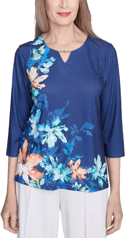 Petite Beaded Split-Neck Asymmetric-Floral Top