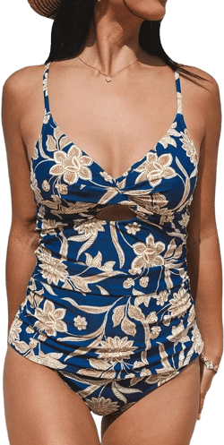 Women's V Neck Cutout Ruched Reversible Bottom Tankini Sets