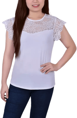 Petite Size Crepe Knit Top with Lace Flanged Sleeve and Yoke