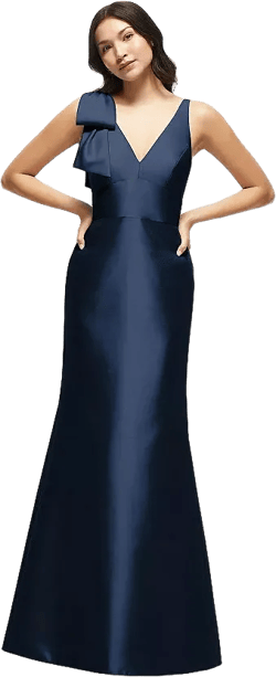 Women's Deep V-back Satin Trumpet Dress with Cascading Bow at One Shoulder