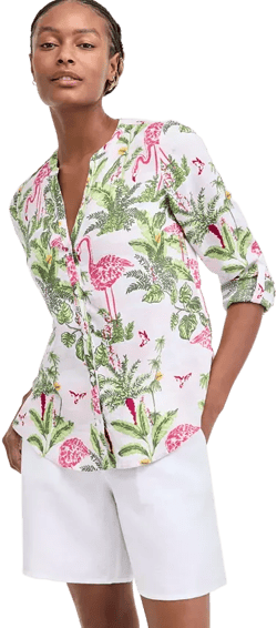 Women's 100% Linen Palm Print Roll-Tab Shirt, Exclusively at Macy's