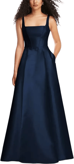 Plus Size Boned Corset Closed-Back Satin Gown with Full Skirt and Pockets