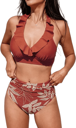 Cupshe Women's Ruffled Halter Bikini Top & Tropical Bottoms Set
