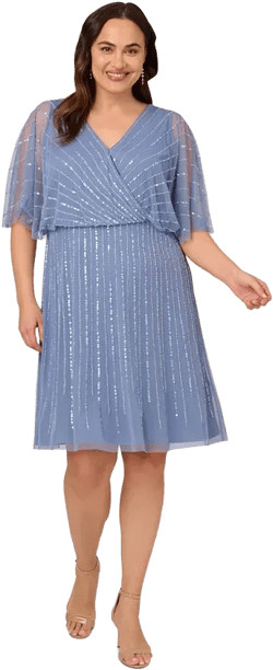 Plus Size Surplice-Neck Beaded Short Dress