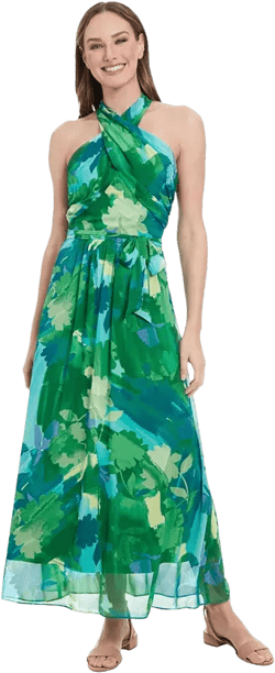 London Times Petite Floral-Print Tie-Waist Maxi Dress