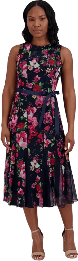 Jessica Howard Petite Floral-Mesh Ribbon-Waist Midi Dress