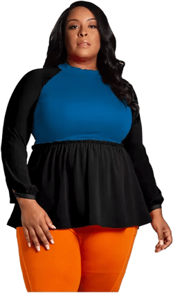 Plus Size Mock Neck Lantern Sleeve Two Tone Peplum Tunic