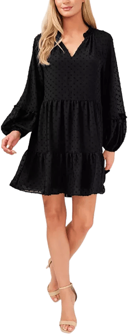 Women's Long Sleeve V-Neck Ruffled Clip-Dot Dress