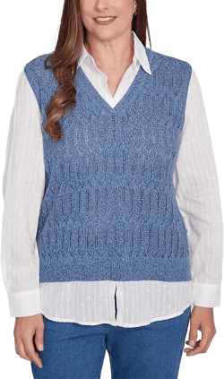 Alfred Dunner Petite Collared Vest Two in One Sweater
