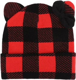 Head Shape Red Plaid Cuff Beanie With Fleece Bow