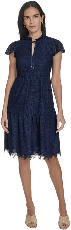 Jessica Howard Petite Lace Scalloped-Hem Flutter-Sleeve Dress