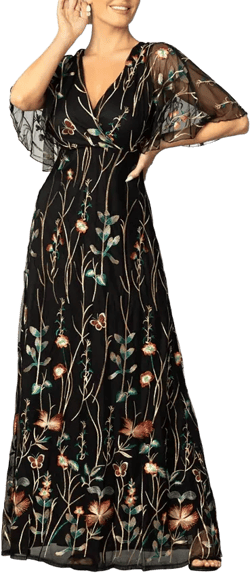 Women's Embroidered Elegance Evening Gown with Sleeves