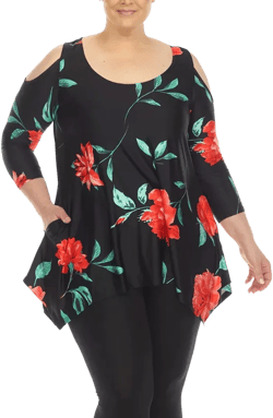 Plus Size Floral Printed Cold Shoulder Tunic Top