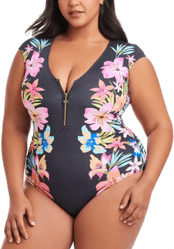 Plus Size Border-Print Sweet Escape Cap-Sleeve Zip-Front Swimsuit