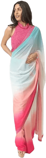 RAAS Women's Pink and Blue Shaded Silk Pre-Draped Saree with Hand Embroidered Blouse