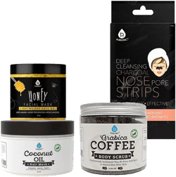 Pursonic Pamper & Glow Gift Bundle (6 pack Deep Cleansing Charcoal Nose Pore Strip, 100% Natural Arabica Coffee Body Scrub 14 Oz, 100% Natural Coconut Oil Hair Mask 10 Oz and Honey Facial Mask 8 Oz)