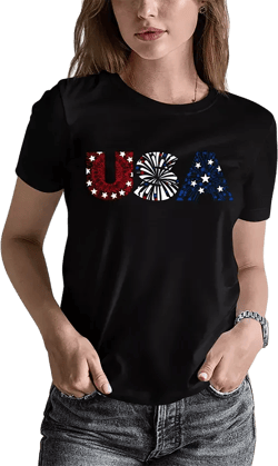 LA Pop Art Women's Word Art USA Fireworks T-Shirt