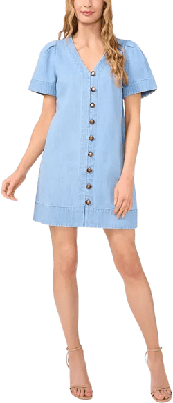 CeCe Women's Short Sleeve Button Front V-Neck Denim Dress