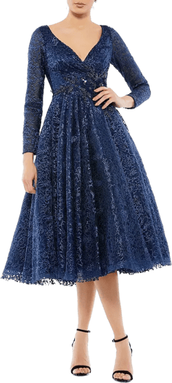 Women's Long Sleeve Embroidered Tea Length Dress