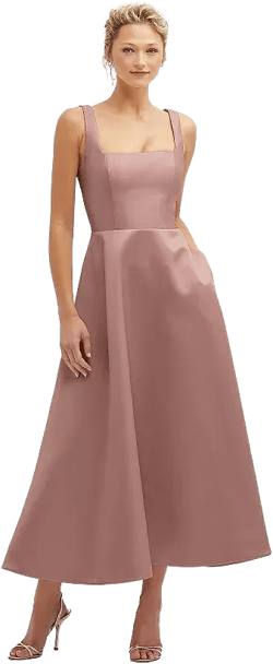 Square Neck Satin Midi Dress with Full Skirt & Pockets