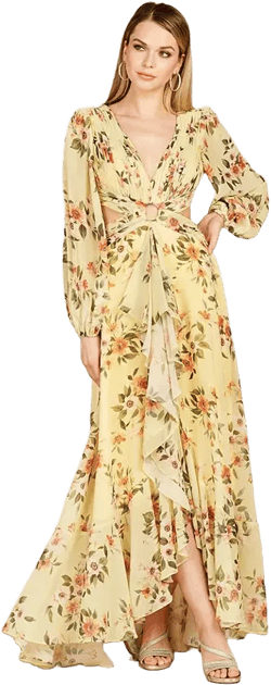 Women's Long Sleeve V-Neck, Layered Skirt Print Dress