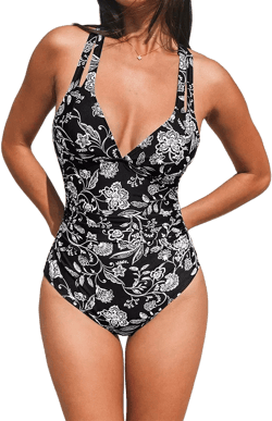 Women's Tummy Control Double Straps Crisscross Back Tie One Piece Swimsuit