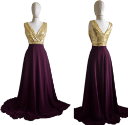 Made To Measure Maroon Chiffon With Top Gold Sequin Bridesmaid Maxi Dress, Sleeveless Floor LengthSequin Evening Wedding Party Dress