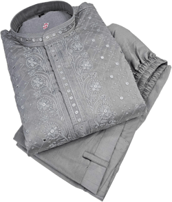 Gray Shade Embroidered with Sequins Work Partywear 2 Piece Kurta Pajama Set for Man, KP - 1168