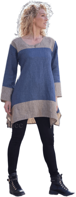 Elisa women&#39;s linen winter tunic, women&#39;s mid-length tunic, blue/taupe chambray linen top, women&#39;s boho top with mid-length sleeves, boho chic,