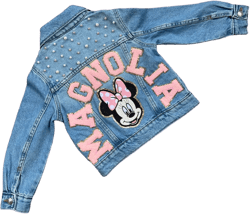 Custom  Jean Jacket with pink and ivory  pearls on the back and  front  for baby , toddler and big girls  ,all patches are  SEWN ON