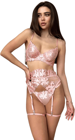 Pink Floral Lace Lingerie Set with High Waist Garter Belt – Romantic Handmade Boudoir Set for Her