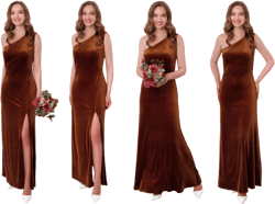 Rust gold velvet long dress, one shoulder dress, slit velvet dress, bridesmaid velvet dress, wedding guest dress, evening dress