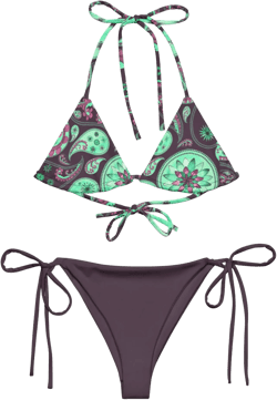 Paisley Bikini Set, Purple Taupe Bikini Bottom, Mandala Paisley Print Top, Boho Swimwear, Rave