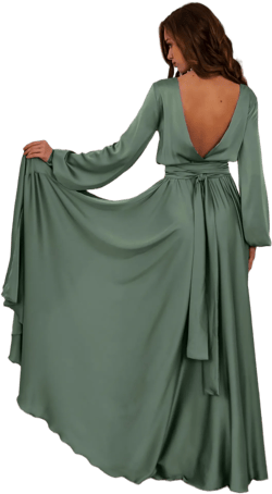 Sage Green Open Back Bridesmaid Dress Elegant Wedding Guest Dress Custom Made Maxi Dress Formal Long Sleeve Evening Gown