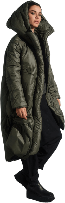 Avant garde black quilted transitional women&#39;s coat in Khaki, Oversized long puffer Jacket, Extravagant maxi coat with hood, Plus sizes