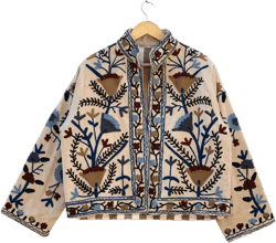 Suzani Embroidery Cotton Velvet Jacket, Kimono Jacket Handmade Soft TNT Fabric Jacket, Women&#39;s Clothing Coat Boho Jacket Spring Gift for Her