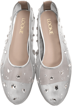 Silver Mesh Flats with Rhinestone Embroidery and Almond Toe, Fishnet Ballet Shoes with Genuine Leather Insole, Slip On Women Flat Shoes