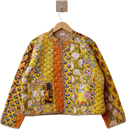 Handcrafted Vintage Kantha Yellow Patchwork Quilted Short Jacket – Reversible Boho Floral Cotton Kimono-Style for Women, Unique Gift for Her