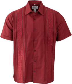 Men's Guayabera Rejilla Mesh Style Shirt - BURGUNDY - Embroidered Design Men Fiesta Shirt Pen Pocket
