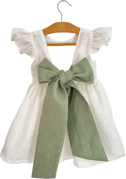 milk bridesmaid dress, milk linen dress for girl, bridesmaid dress toddler with sage green bow, flower girl dress boho