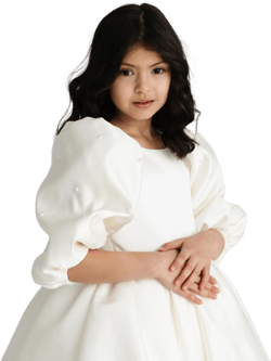 Ivory Flower Girl Dress with Pearls, Wedding Toddler girl Dress, Ivory Satin Girl Dress, White Elegant girl Dress, Ivory baby V-back Dress,