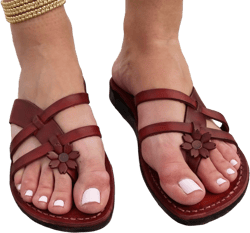 Brown Leather Sandals for Ladies, Women&#39;s Greek Style Flip Flops Summer Beach Sandals, Everyday Shoes for Comfort Walking, NARCISSUSS