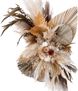 boho wedding floral arrangement, preserved flowers with pampas and palm, neutral rustic bouquet for ceremony aisle, arch or welcome sign