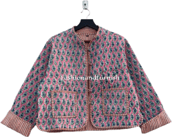 Block Print Quilted Jackets Cotton Floral Bohemian Style Fall Winter Jacket Coat Streetwear Boho Quilted Reversible Jacket for Women