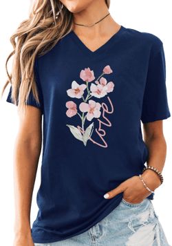 Watercolor Flowers Love Shirt Unisex V-Neck Tee, Floral Graphic T-Shirt Gift for Her, Botanical Print Top, Romantic Apparel, Nature Inspired
