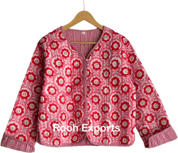 Pink Floral Block Print Quilted Jacket | Short Kimono | Womens Wear Cotton Coat | Flower Block Print Blazer