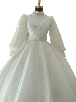 Luxury Fairytale Long Sleeve Bridal Gown, Sparkly Sequin Dress, White Wedding, Muslim Ball Gown, Elegant Hijabi Dress, Puffy Sleeve Corset