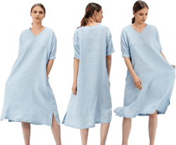 V Neck Linen Tunic Dress with Pockets | Half Sleeves Linen Tunic Dress, Relaxed Fit | Mothers Day Gift for Her