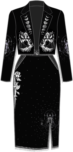 Women Black 2Pc Bespoke Suits Silver Embroidered Country Western Rhinestone Suits Skirt Suit Dress Set Cocktail Attire Country Music Outfits