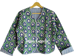 Blue and Green Floral Block Print Quilted Jacket Short Kimono Womens Wear Cotton Coat Flower Printed Fabric Blazer